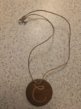 Vintage Boho Rustic Wooden Initial Pendant Necklace - Cursive Letter C, on Cord